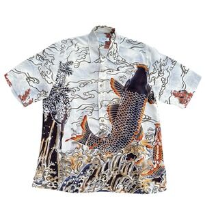 Citron Men's Silk Short Sleeve Button Up Shirt Koi Fish Print Size S